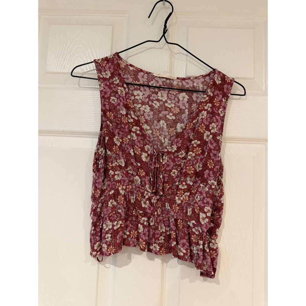 Pink Rose Floral V-Neck Smocked Peplum Tank Top Burgundy Medium Boho Cottagecore